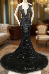 Black Mermaid Evening Prom Dresses with Beaeded and Feathers