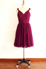 Magenta v-Neck Straps A-Line Short Bridesmaid Dresses