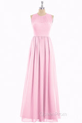 Pink Chiffon Halter Cutout Back A-Line Long Bridesmaid Dresses