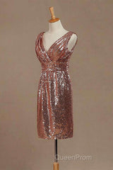 Rose Gold Sequin V-Neck Backless Short Bridesmaid Dresses