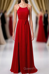 Red Chiffon Spaghetti Straps Backless A-Line Bridesmaid Dresses with Slit