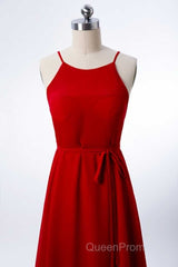 Red Chiffon Spaghetti Straps Backless A-Line Bridesmaid Dresses with Slit