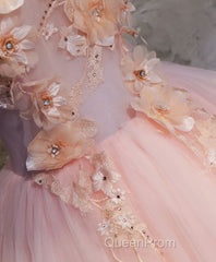 Pink Round Neck Tulle Lace Long Evening Prom Dresses, Lace Formal Dresses