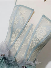 Green A Line Tulle Lace Long Evening Prom Dresses, Green Tulle Formal Dresses