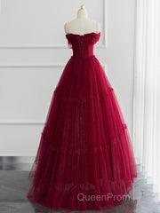 A-line Sweetheart Neck Tulle Burgundy Long Evening Prom Dresses, Off Shoulder Burgundy Formal Dresses