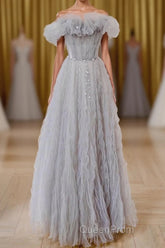 Gray Tulle A Line Off the Shoulder Formal Evening Dresses Long Evening Prom Dresses