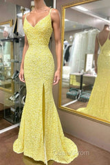 Elegant Yellow Sequins Mermaid Evening Prom Dresses