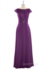 Elegant Purple Lace Cap Sleeve A-Line Long Bridesmaid Dresses