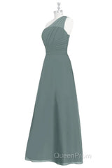 Dark Sage Green Chiffon One-Shoulder Long Bridesmaid Dresses