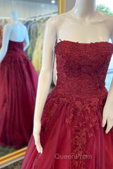 Wine Red Floral Lace Strapless A-Line Evening Prom Dresses