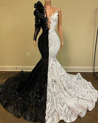 Hot Half Black Half White One shoulder Long Sleeves Mermaid Evening Prom Dresses