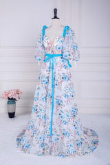 Blue and White Floral Bow Tie Straps A-line Long Evening Prom Dresses with Slit