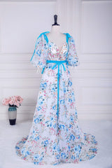 Blue and White Floral Bow Tie Straps A-line Long Evening Prom Dresses with Slit