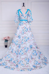 Blue and White Floral Bow Tie Straps A-line Long Evening Prom Dresses with Slit