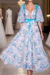 Blue and White Floral Bow Tie Straps A-line Long Evening Prom Dresses with Slit