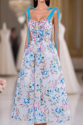 Blue and White Floral Bow Tie Straps A-line Tea-Length Evening Prom Dresses
