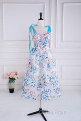 Blue and White Floral Bow Tie Straps A-line Tea-Length Evening Prom Dresses