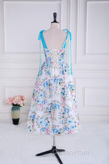 Blue and White Floral Bow Tie Straps A-line Tea-Length Evening Prom Dresses
