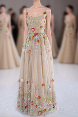 Dusty Pink Sequined Floral Appliques A-line Long Evening Prom Dresses