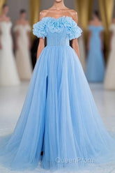 Light Blue Flowers Off-Shoulder A-line Long Evening Prom Dresses with Slit