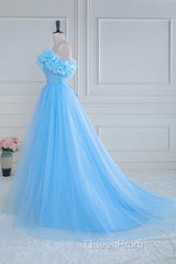 Light Blue Flowers Off-Shoulder A-line Long Evening Prom Dresses with Slit