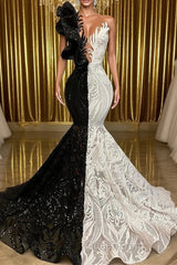 Hot Half Black Half White One shoulder Long Sleeves Mermaid Evening Prom Dresses