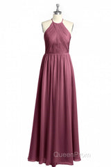 Mauve Chiffon Halter Backless A-Line Long Bridesmaid Dresses