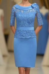 Blue Lace Crew Neck Half Sleeve Short Mother of the Bride Dresses