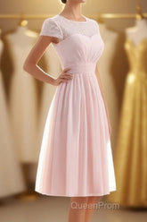Princess Pink Chiffon and Lace Short Sleeves Bridesmaid Dresses