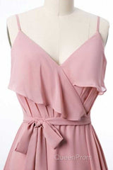 Mauve Pink Chiffon Spaghetti Straps Ruffled A-Line Bridesmaid Dresses
