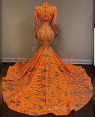 Hot Orange High neck Long Sleeves Mermaid Sequin Evening Prom Dresses
