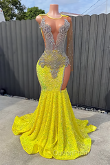 Round neck Silver Beaded Mermaid Yellow Sequin Evening Prom Dresses