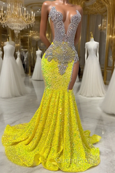 Round neck Silver Beaded Mermaid Yellow Sequin Evening Prom Dresses