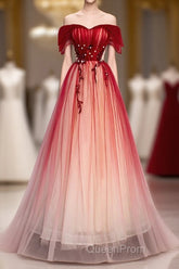 Burgundy Off Shoulder Tulle Long Evening Prom Dresses, Burgundy Formal Dresses, 1