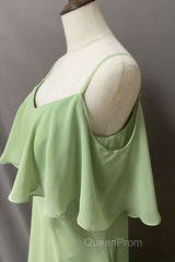 Ruffles Sage Green Straps A-Line Long Bridesmaid Dresses with Slit