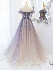 Purple Off Shoulder Tulle Sequin Long Evening Prom Dresses, Purple Evening Dresses