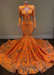 Hot Orange High neck Long Sleeves Mermaid Sequin Evening Prom Dresses
