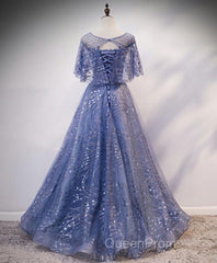 Unique Round Neck Tulle Lace Long Evening Prom Dresses, Blue Lace Evening Dresses