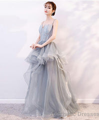 Gray Tulle Lace Long Prom Dress Gray Tulle Lace Evening Dress 2