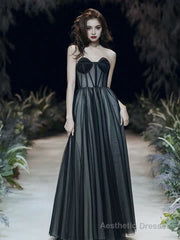 Black A-Line Prom Dresses Open Back Dress Formal Party Floor Length Sleeveless Spaghetti Strap Tulle with Pleats