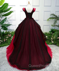 Unique Burgundy V Neck Tulle Long Evening Prom Dresses, Burgundy Evening Dresses