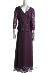 Two-Piece Plum Purple Long Sleeve Long Mother of the Bride Dresses