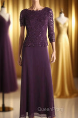 Two-Piece Plum Purple Long Sleeve Long Mother of the Bride Dresses