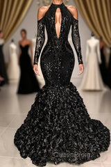 Black Sexy Keyhole Cool Shoulder Mermaid Flowers Evening Prom Dresses