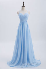 Blue Pleated Straps Chiffon Long Bridesmaid Dresses