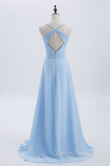Blue Pleated Straps Chiffon Long Bridesmaid Dresses
