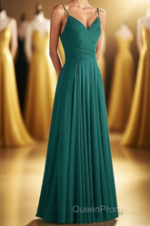 Hunter Green Chiffon V-Neck Spaghetti Straps A-Line Long Dresses