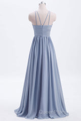 Misty Blue Scoop Chiffon A-line Long Bridesmaid Dresses