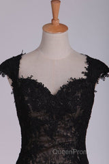 Black Off The Shoulder Sheath Evening Prom Dresses Lace&Tulle Floor Length With Applique & Slit