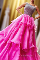 Hot Pink Beaded Top One Shoulder Layers Long Evening Prom Dresses